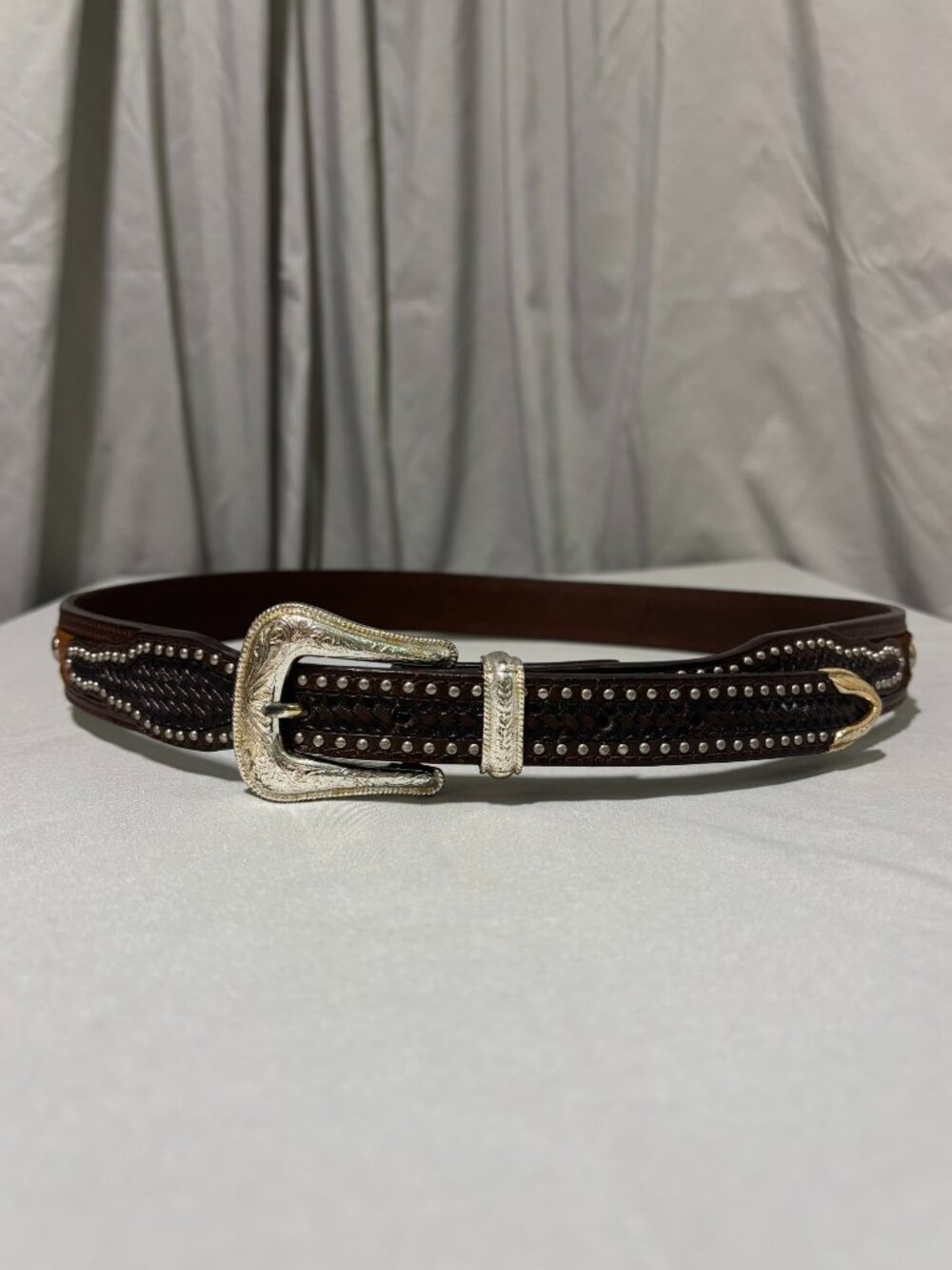 NEVER WORN Ranger hair-on hide studded LEATHER belt size 38, brown, silver